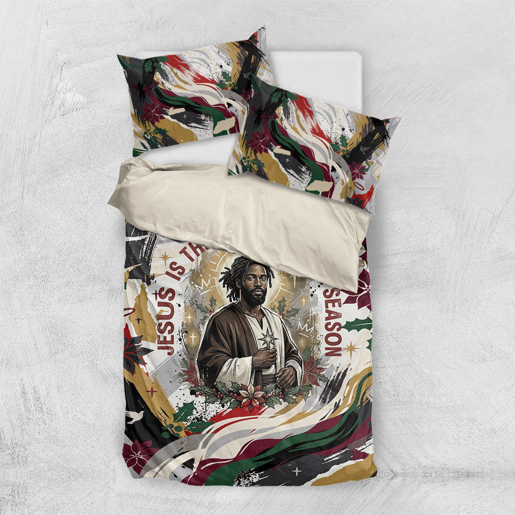 King Jesus Black Christmas Bedding Set Religious Christian Faith Nativity Poinsettia