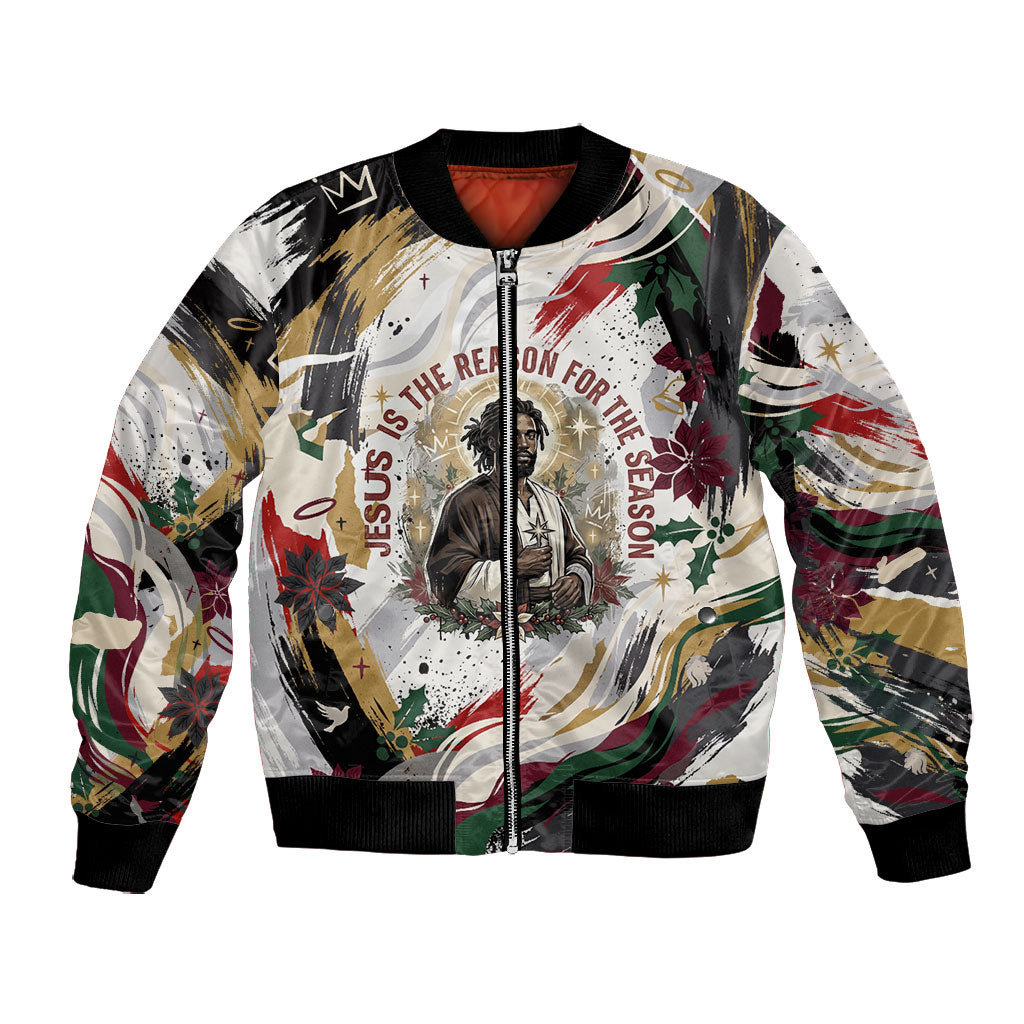 King Jesus Black Christmas Bomber Jacket Religious Christian Faith Nativity Poinsettia