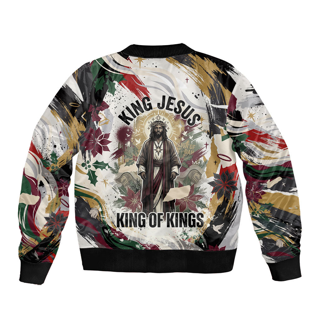 King Jesus Black Christmas Bomber Jacket Religious Christian Faith Nativity Poinsettia