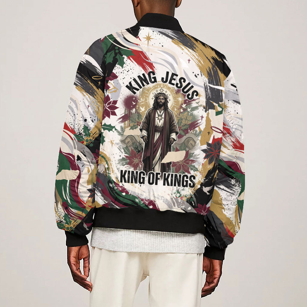 King Jesus Black Christmas Bomber Jacket Religious Christian Faith Nativity Poinsettia