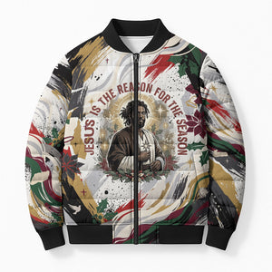 King Jesus Black Christmas Bomber Puffer Jacket Religious Christian Faith Nativity Poinsettia