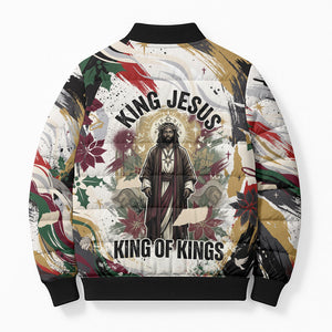 King Jesus Black Christmas Bomber Puffer Jacket Religious Christian Faith Nativity Poinsettia