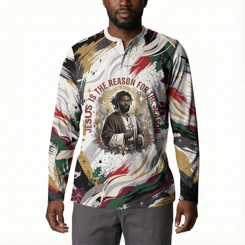 King Jesus Black Christmas Button Sweatshirt Religious Christian Faith Nativity Poinsettia