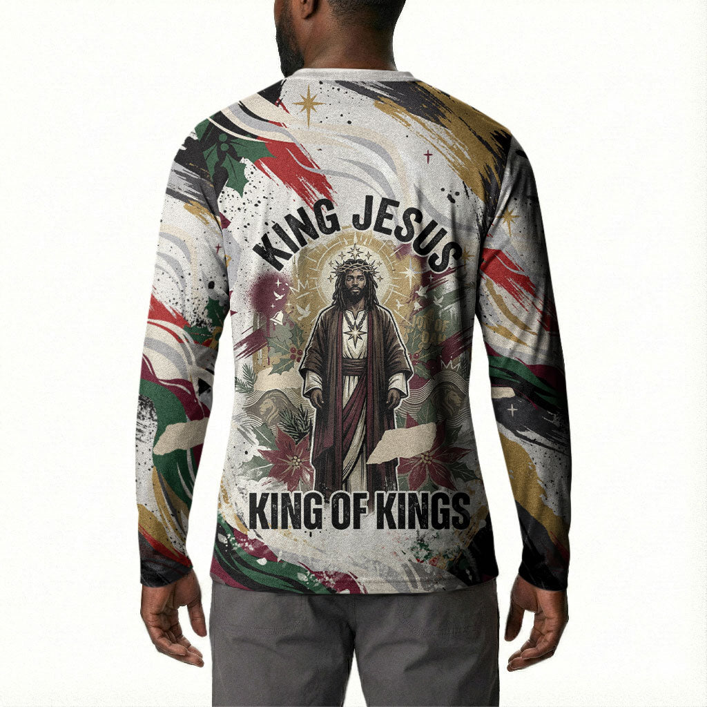 King Jesus Black Christmas Button Sweatshirt Religious Christian Faith Nativity Poinsettia