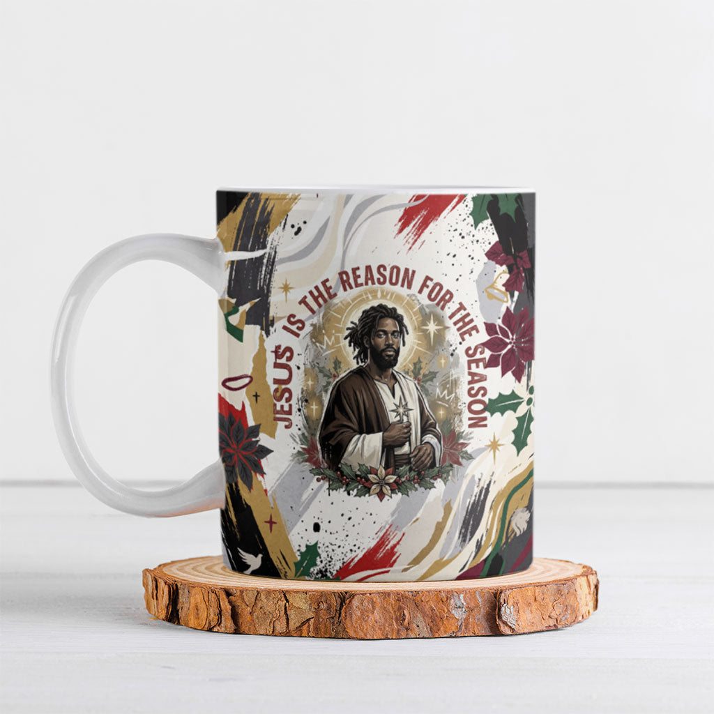 King Jesus Black Christmas Ceramic Mug Religious Christian Faith Nativity Poinsettia
