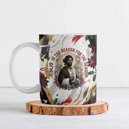 King Jesus Black Christmas Ceramic Mug Religious Christian Faith Nativity Poinsettia