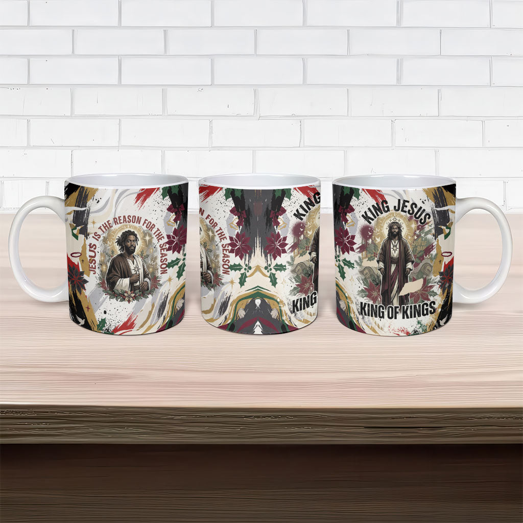 King Jesus Black Christmas Ceramic Mug Religious Christian Faith Nativity Poinsettia