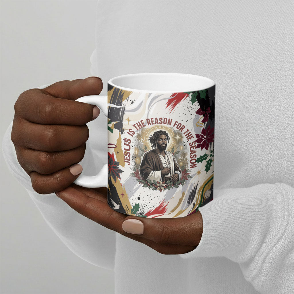 King Jesus Black Christmas Ceramic Mug Religious Christian Faith Nativity Poinsettia