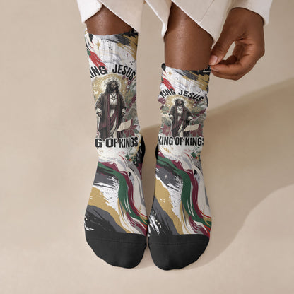 King Jesus Black Christmas Crew Socks Religious Christian Faith Nativity Poinsettia