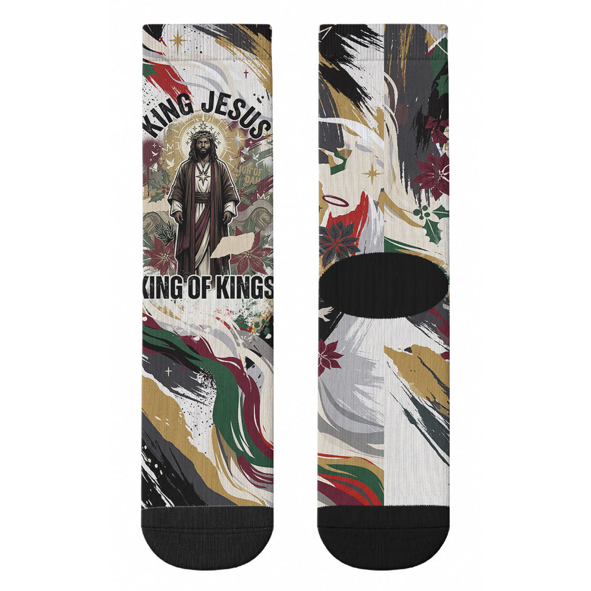 King Jesus Black Christmas Crew Socks Religious Christian Faith Nativity Poinsettia