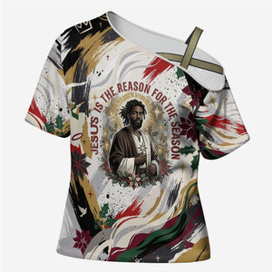 King Jesus Black Christmas Cross Shoulder Shirt Religious Christian Faith Nativity Poinsettia