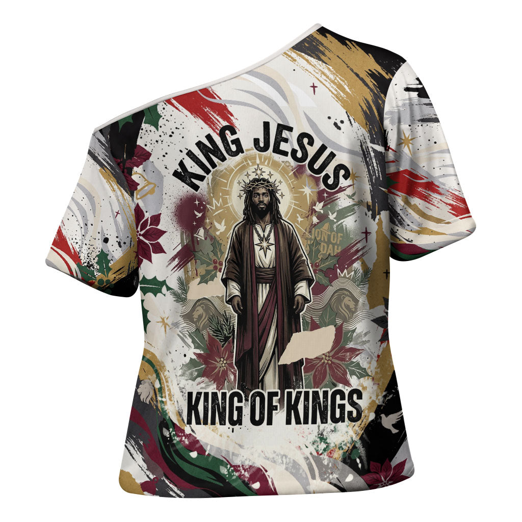 King Jesus Black Christmas Cross Shoulder Shirt Religious Christian Faith Nativity Poinsettia