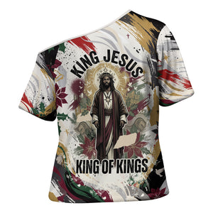 King Jesus Black Christmas Cross Shoulder Shirt Religious Christian Faith Nativity Poinsettia