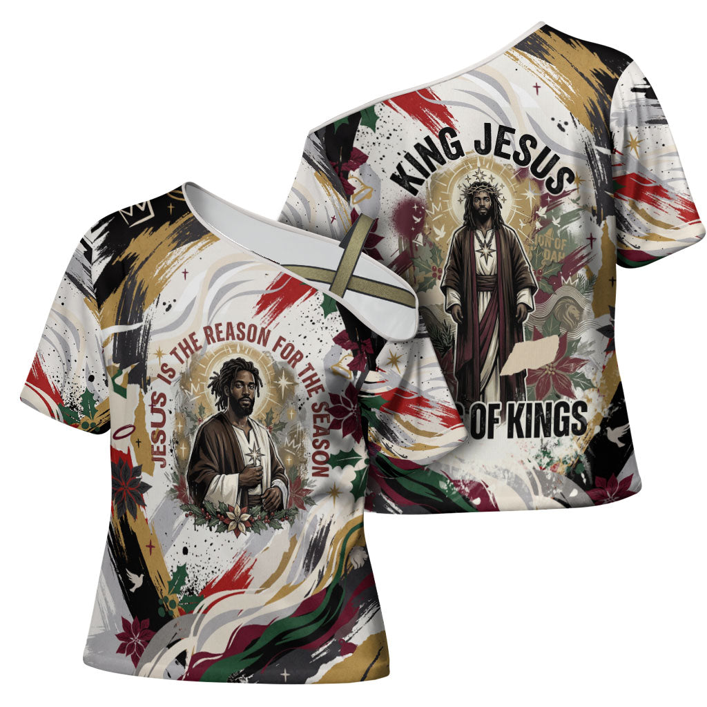 King Jesus Black Christmas Cross Shoulder Shirt Religious Christian Faith Nativity Poinsettia