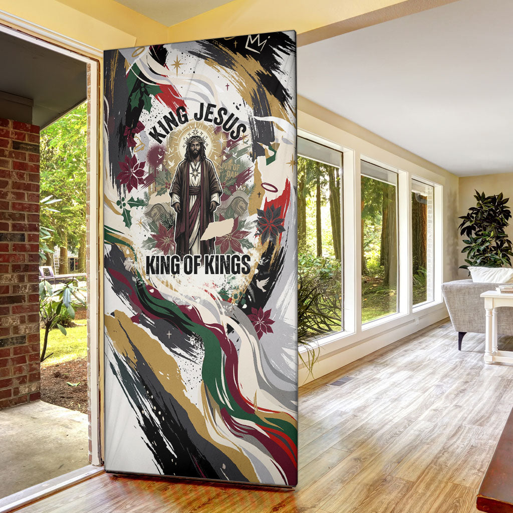 King Jesus Black Christmas Door Cover Religious Christian Faith Nativity Poinsettia