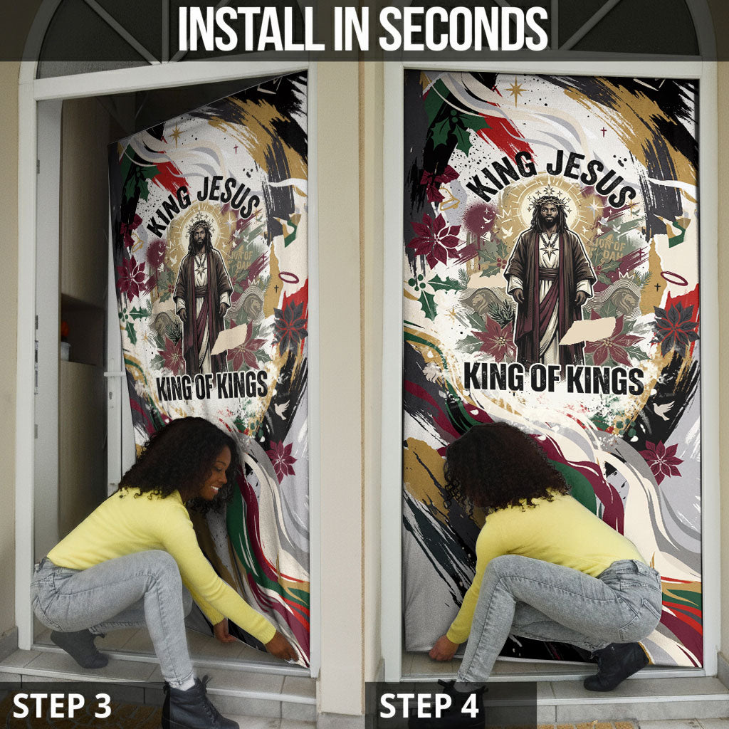 King Jesus Black Christmas Door Cover Religious Christian Faith Nativity Poinsettia