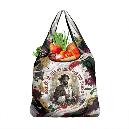 King Jesus Black Christmas Grocery Bag Religious Christian Faith Nativity Poinsettia