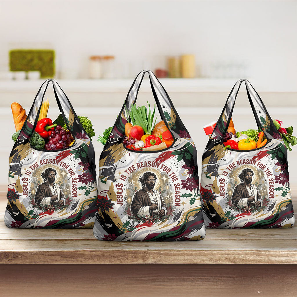 King Jesus Black Christmas Grocery Bag Religious Christian Faith Nativity Poinsettia