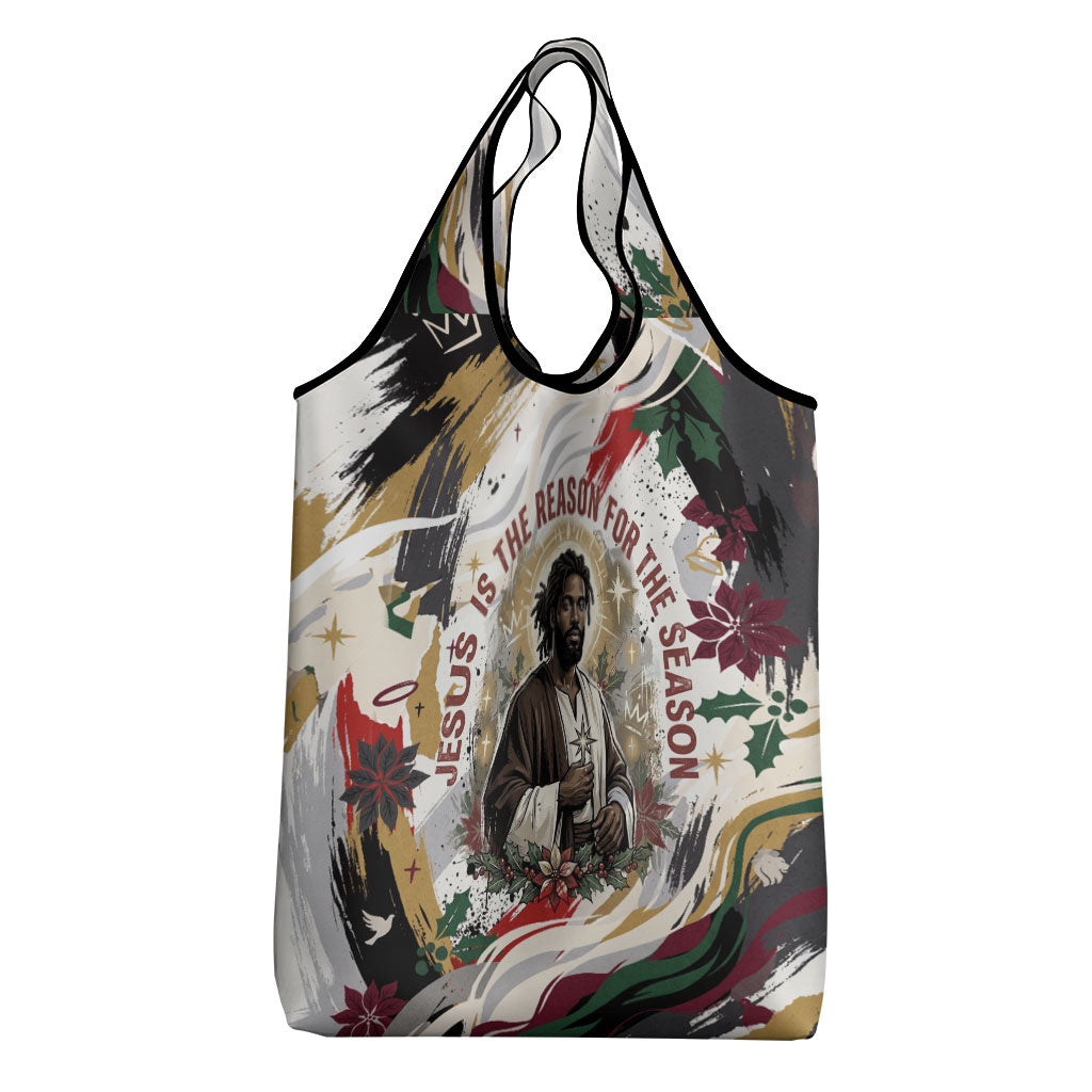 King Jesus Black Christmas Grocery Bag Religious Christian Faith Nativity Poinsettia