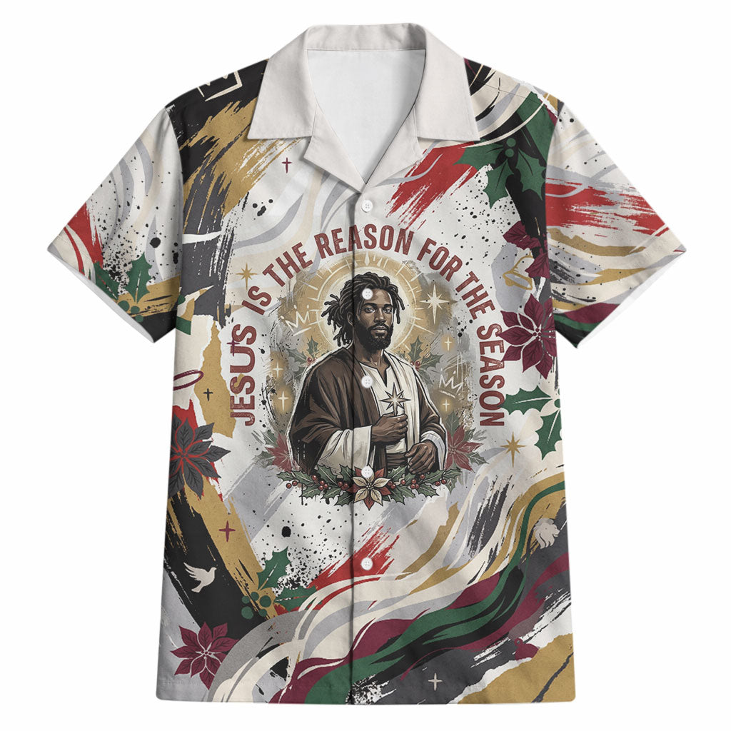 King Jesus Black Christmas Hawaiian Shirt Religious Christian Faith Nativity Poinsettia