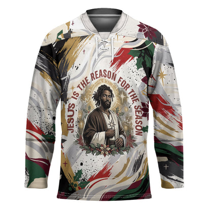 King Jesus Black Christmas Hockey Jersey Religious Christian Faith Nativity Poinsettia