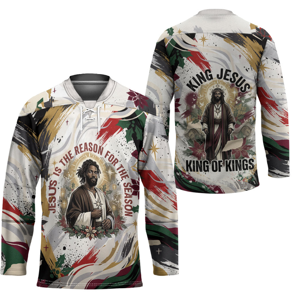 King Jesus Black Christmas Hockey Jersey Religious Christian Faith Nativity Poinsettia