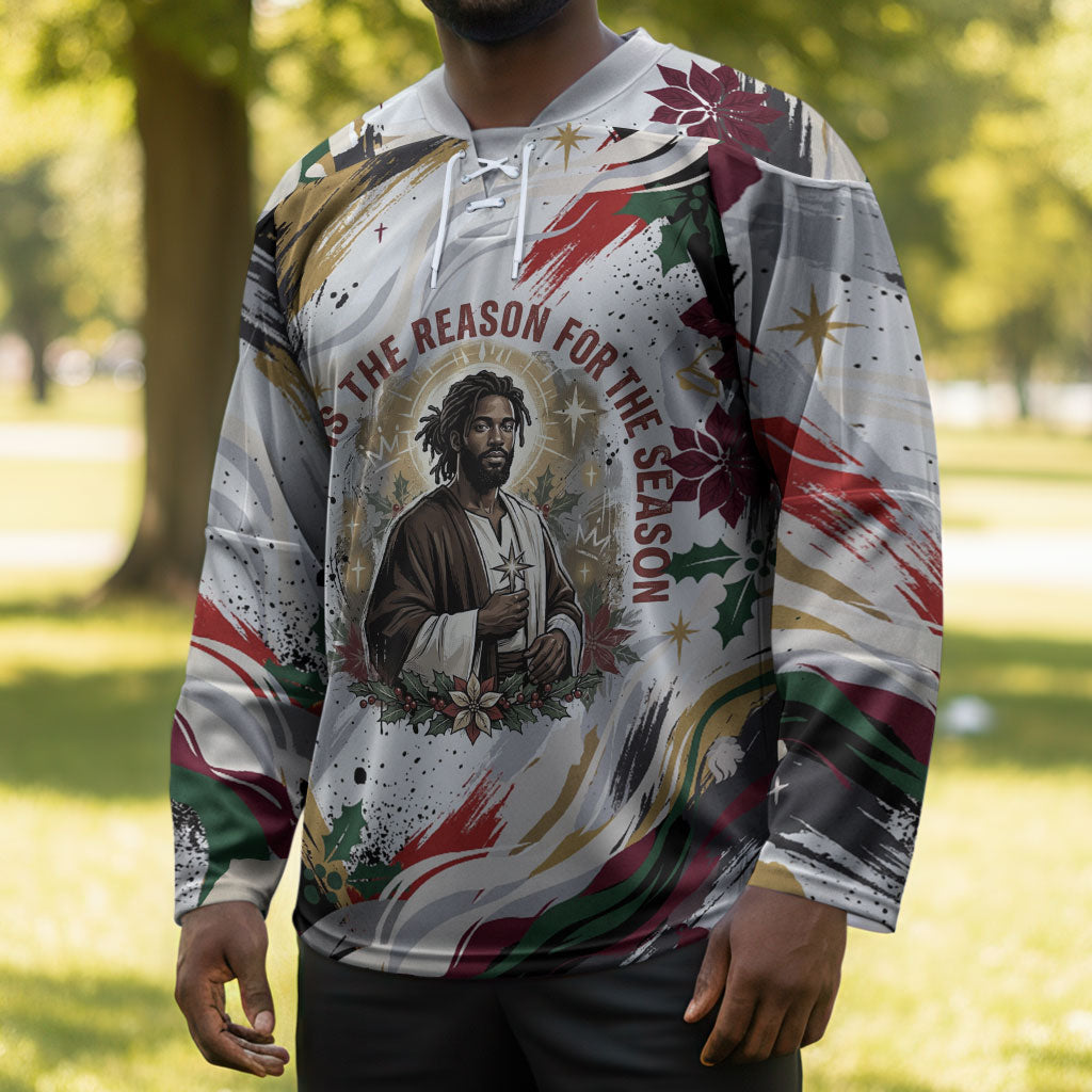 King Jesus Black Christmas Hockey Jersey Religious Christian Faith Nativity Poinsettia