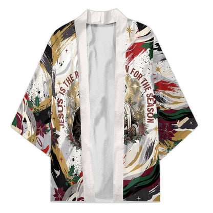 King Jesus Black Christmas Kimono Religious Christian Faith Nativity Poinsettia
