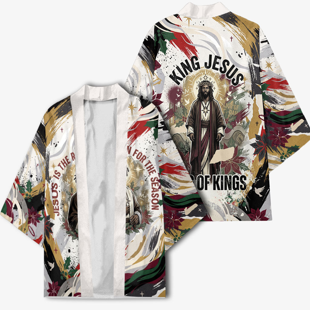 King Jesus Black Christmas Kimono Religious Christian Faith Nativity Poinsettia