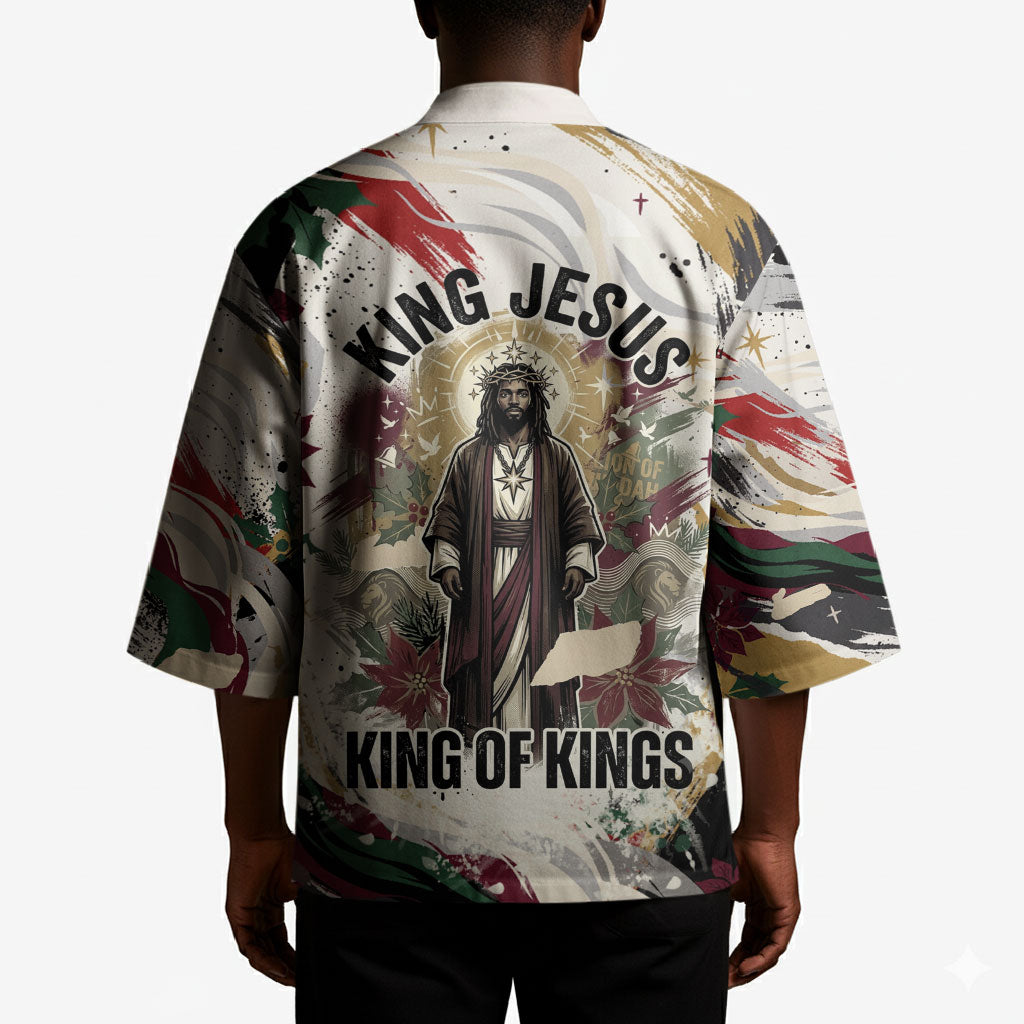 King Jesus Black Christmas Kimono Religious Christian Faith Nativity Poinsettia