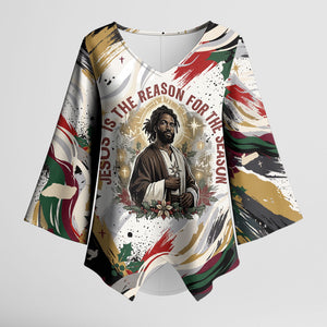 King Jesus Black Christmas Kimono Sleeve Blouse Religious Christian Faith Nativity Poinsettia