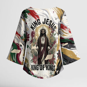 King Jesus Black Christmas Kimono Sleeve Blouse Religious Christian Faith Nativity Poinsettia