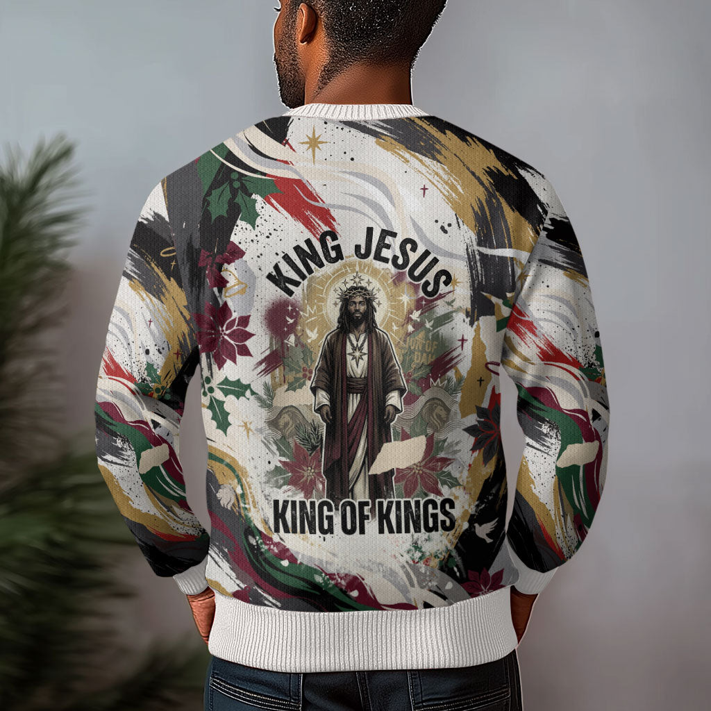 King Jesus Black Christmas Ugly Christmas Sweater Religious Christian Faith Nativity Poinsettia