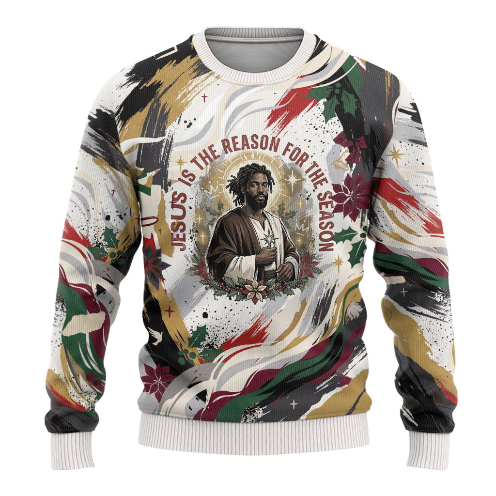 King Jesus Black Christmas Ugly Christmas Sweater Religious Christian Faith Nativity Poinsettia