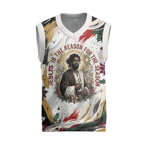 King Jesus Black Christmas Knitted V-Neck Vest Religious Christian Faith Nativity Poinsettia