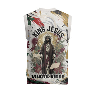King Jesus Black Christmas Knitted V-Neck Vest Religious Christian Faith Nativity Poinsettia