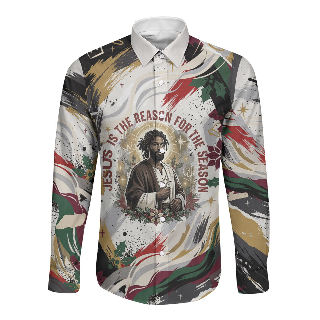 King Jesus Black Christmas Long Sleeve Button Shirt Religious Christian Faith Nativity Poinsettia