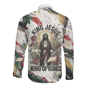 King Jesus Black Christmas Long Sleeve Button Shirt Religious Christian Faith Nativity Poinsettia