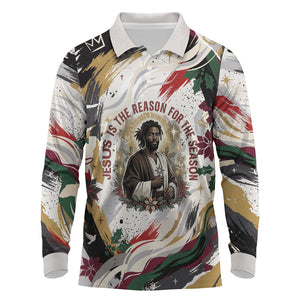 King Jesus Black Christmas Long Sleeve Polo Shirt Religious Christian Faith Nativity Poinsettia