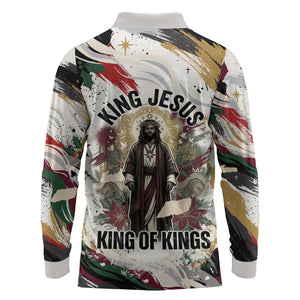King Jesus Black Christmas Long Sleeve Polo Shirt Religious Christian Faith Nativity Poinsettia