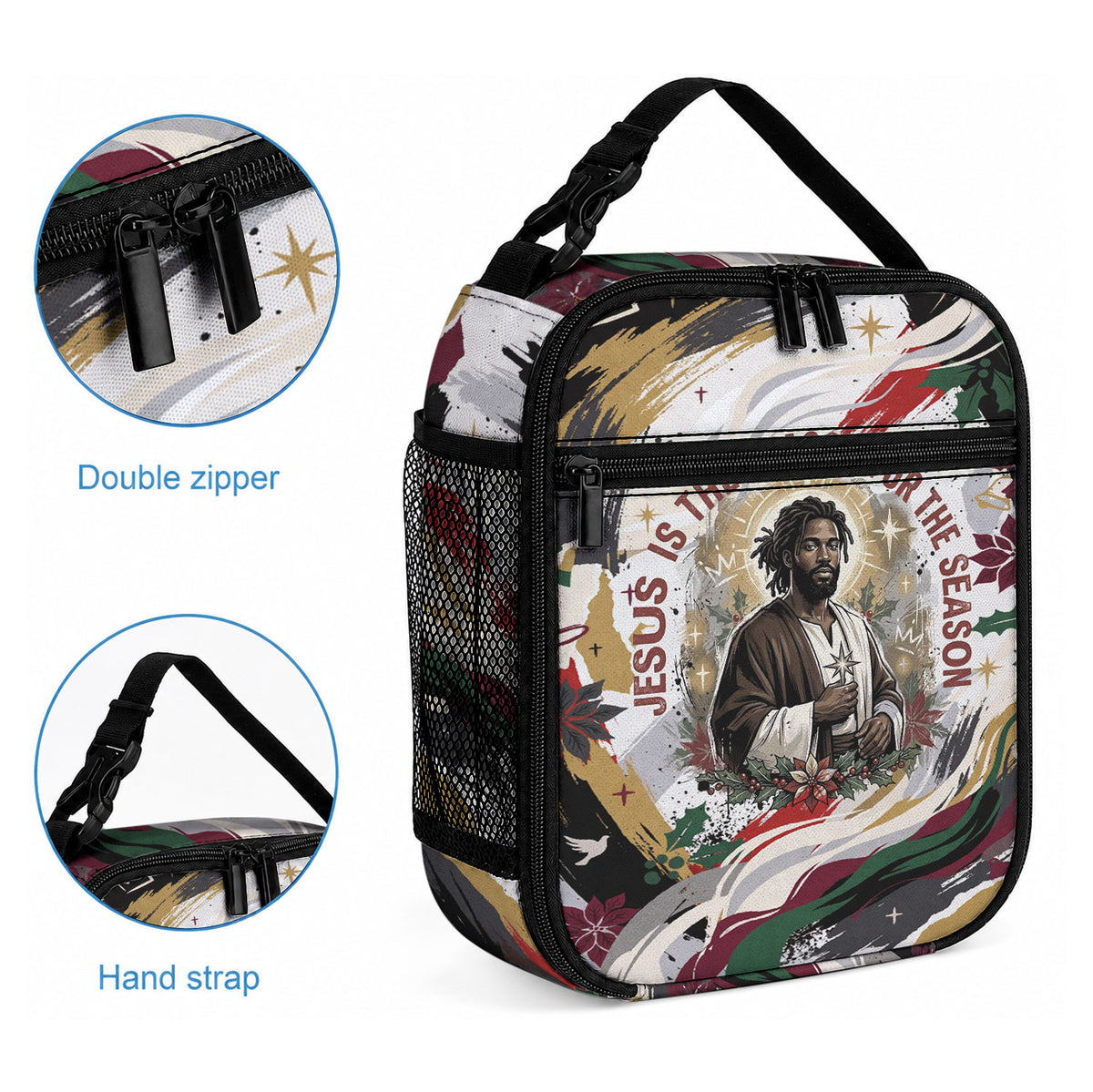 King Jesus Black Christmas Lunch Bag Religious Christian Faith Nativity Poinsettia