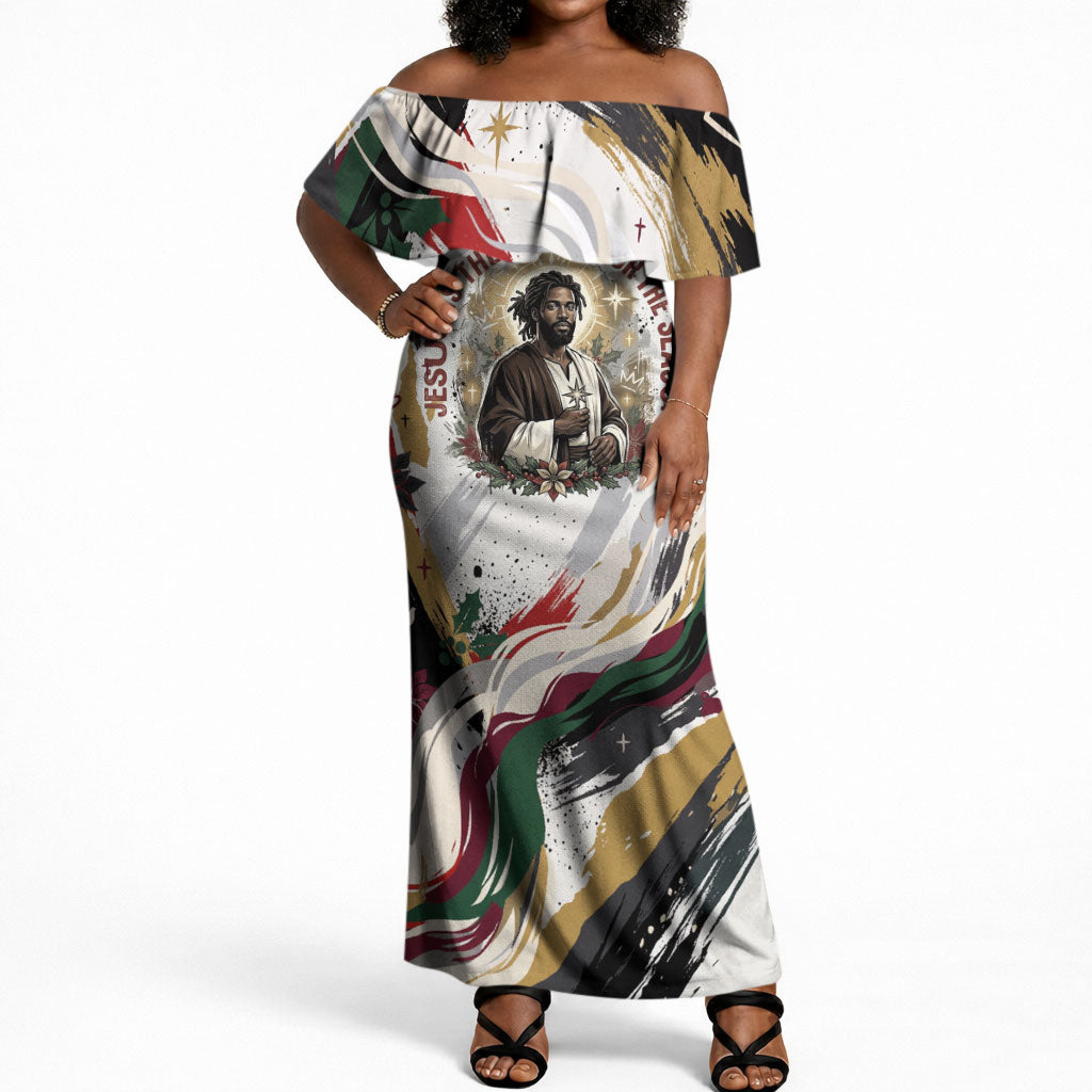 King Jesus Black Christmas Off Shoulder Maxi Dress Religious Christian Faith Nativity Poinsettia