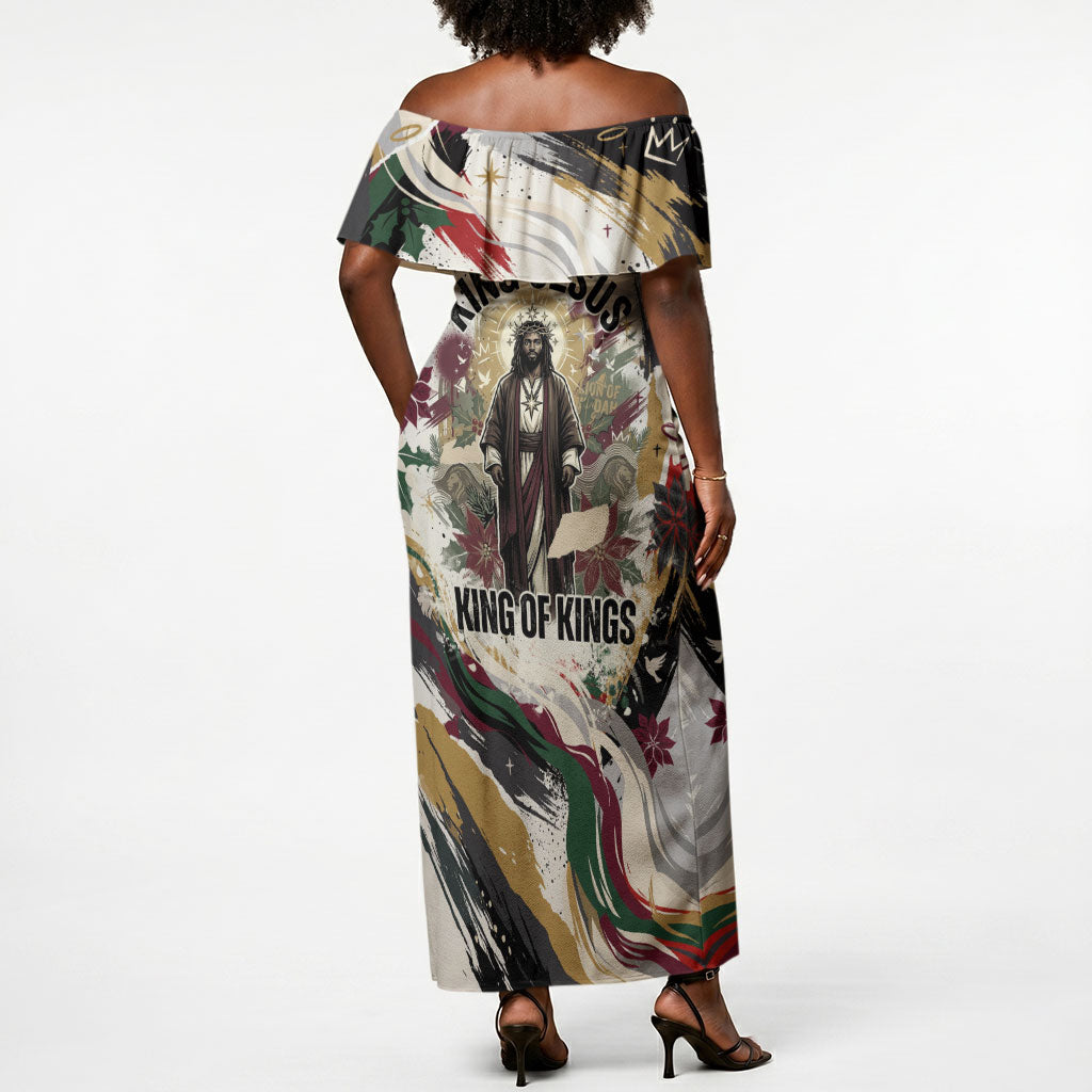 King Jesus Black Christmas Off Shoulder Maxi Dress Religious Christian Faith Nativity Poinsettia