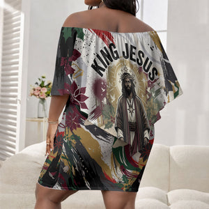 King Jesus Black Christmas Off Shoulder Short Dress Religious Christian Faith Nativity Poinsettia