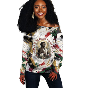King Jesus Black Christmas Off Shoulder Sweater Religious Christian Faith Nativity Poinsettia