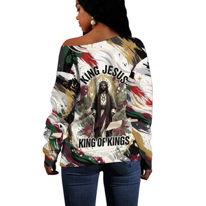 King Jesus Black Christmas Off Shoulder Sweater Religious Christian Faith Nativity Poinsettia