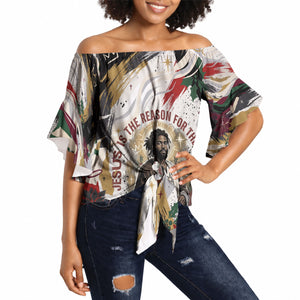 King Jesus Black Christmas Off Shoulder Wrap Waist Top Religious Christian Faith Nativity Poinsettia