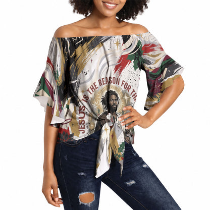 King Jesus Black Christmas Off Shoulder Wrap Waist Top Religious Christian Faith Nativity Poinsettia