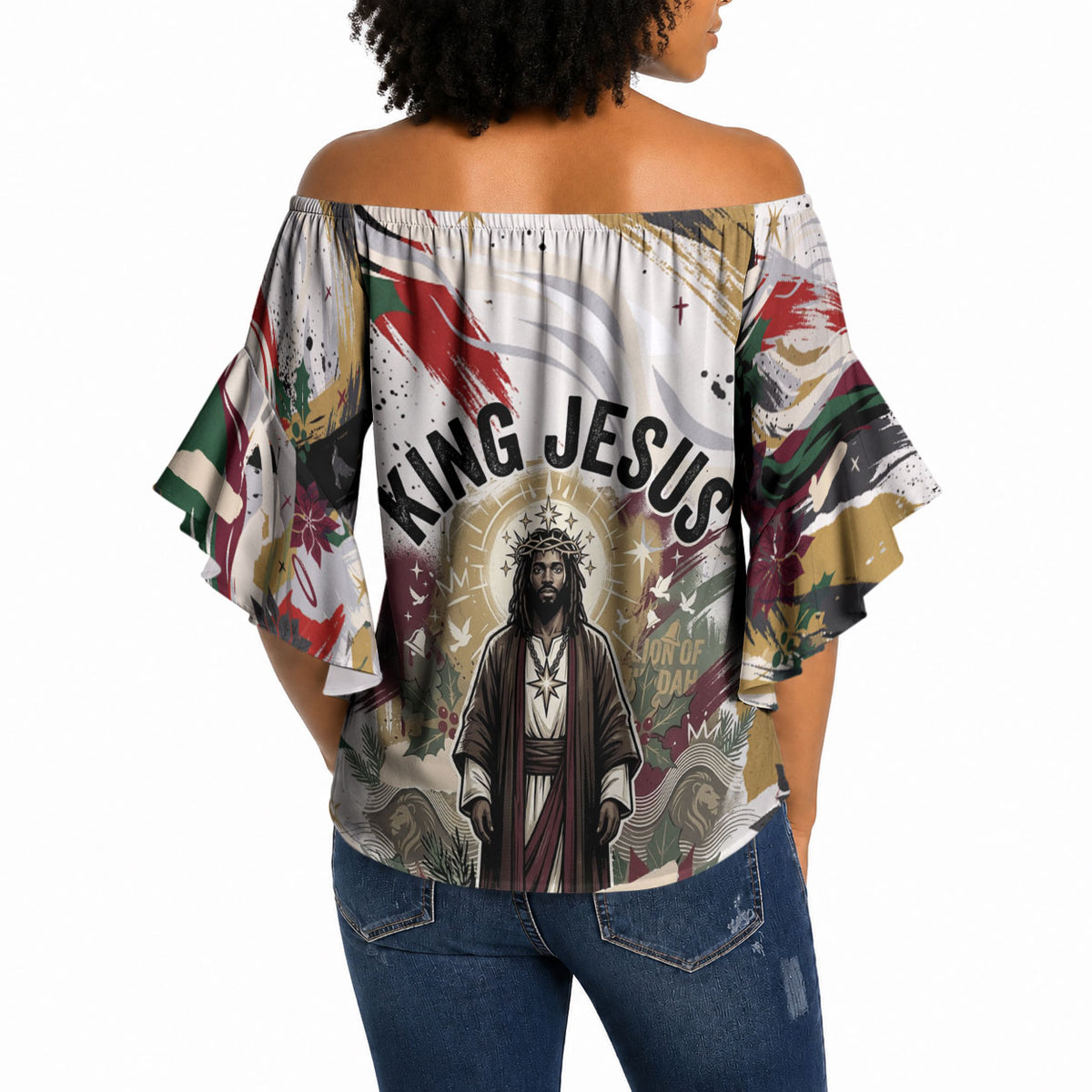 King Jesus Black Christmas Off Shoulder Wrap Waist Top Religious Christian Faith Nativity Poinsettia