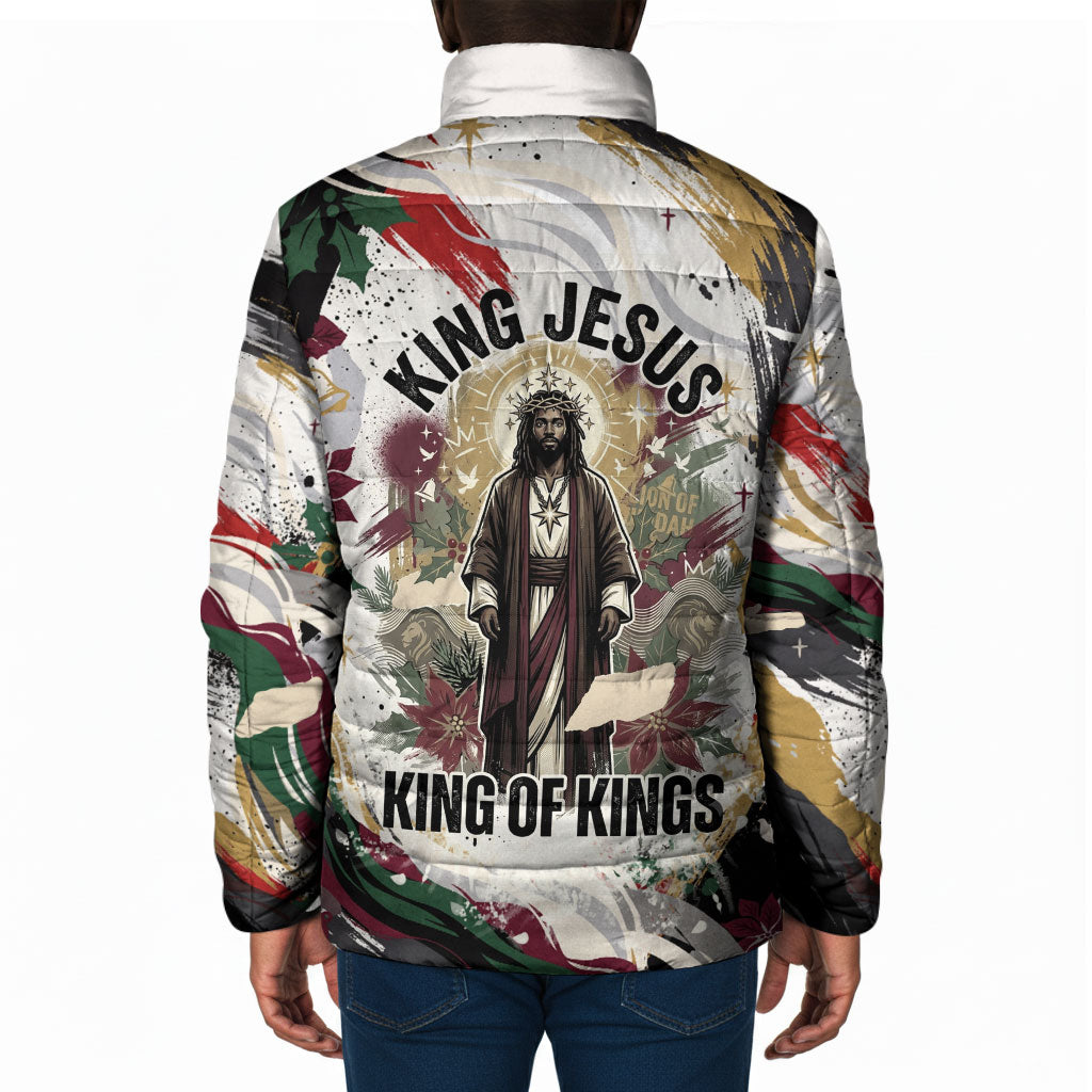 King Jesus Black Christmas Padded Jacket Religious Christian Faith Nativity Poinsettia